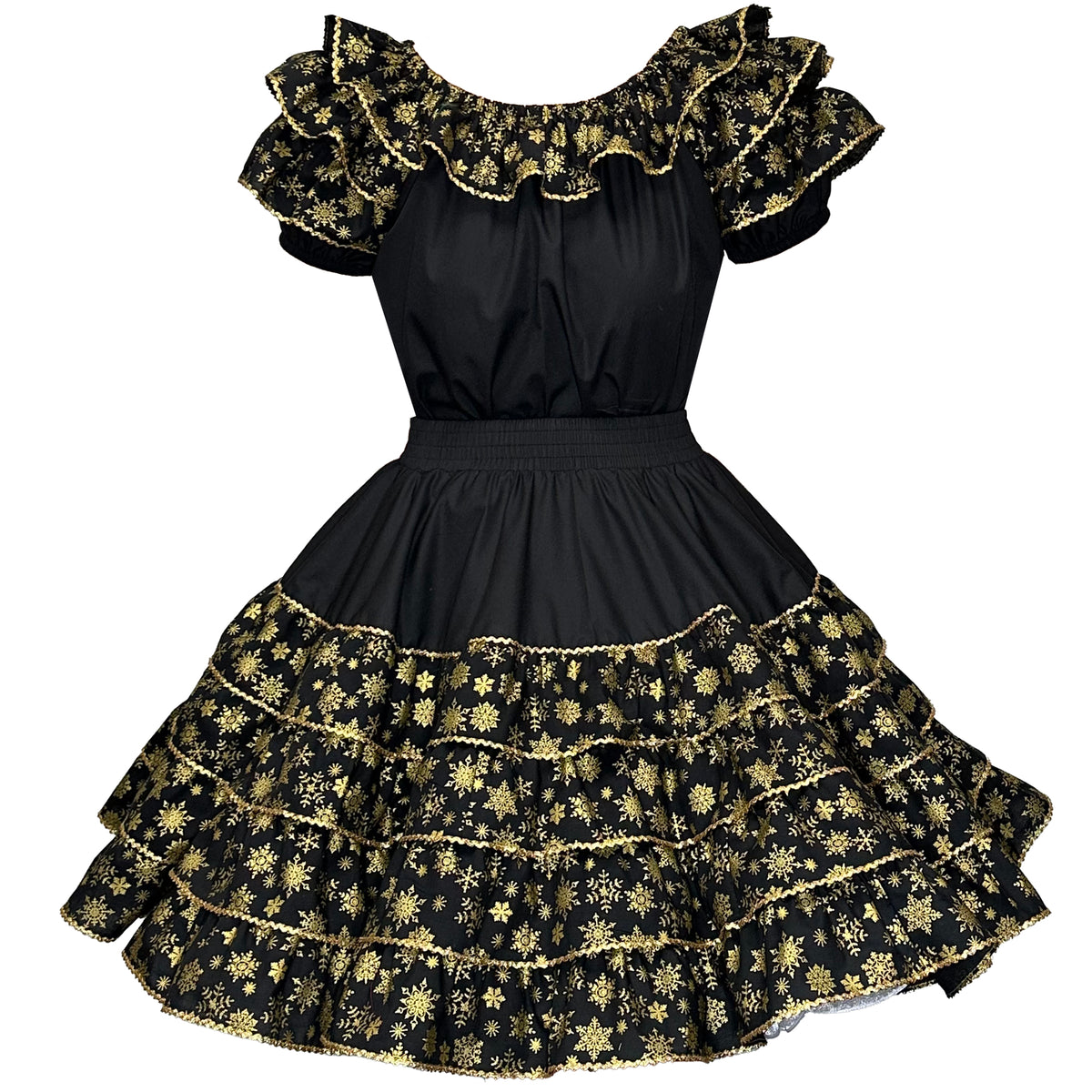 The Golden Snowflake Outfit by Square Up Fashions features a black short-sleeved dress with a metallic gold ruffled skirt, floral embroidery, cinched waist, and tiered layers—perfect for New Year's Eve or festive holidays.