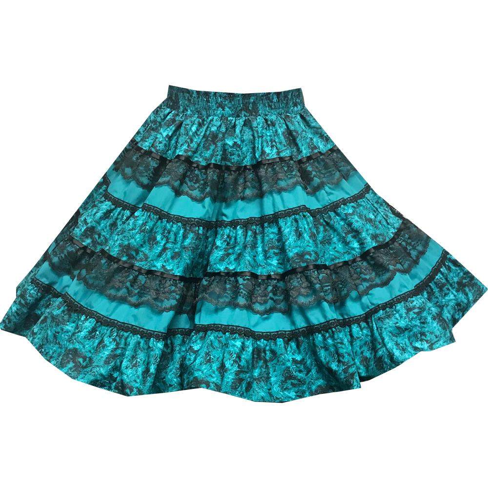 The Tone on Tone Square Dance Skirt by Square Up Fashions is a teal five-tiered skirt with black lace stripes and a gathered, flared hem.