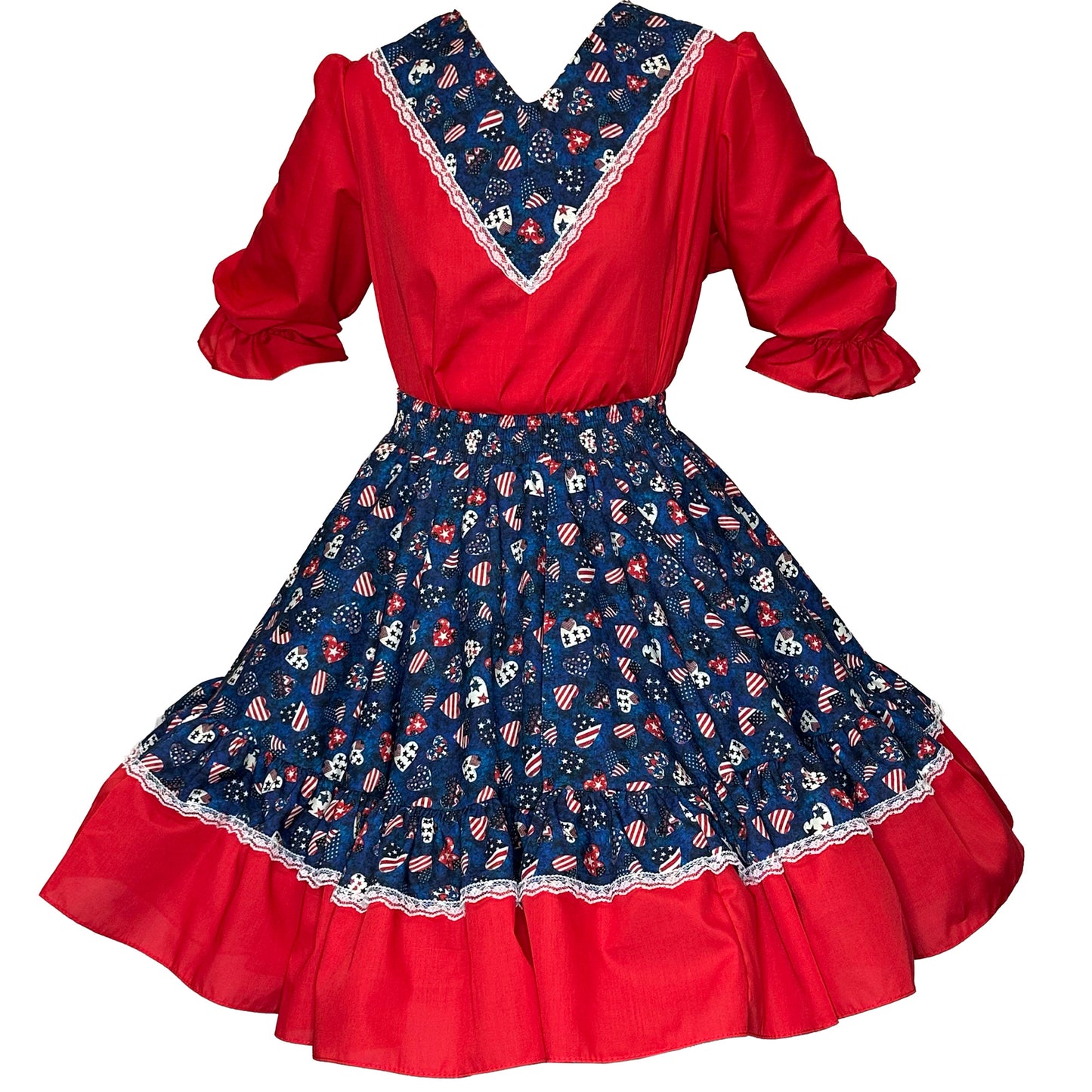 The Americana Square Dance Outfit by Square Up Fashions has a red bodice, puffed sleeves, and a full blue-patterned skirt with white lace trim and American flag motifs—perfect for vintage-inspired style.