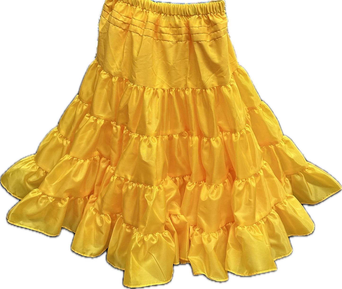 The Square Up Fashions Soft Poly-Liner Petticoat is a bright yellow, multi-layered ruffled skirt with an elastic waistband, perfect for square dancing and shown laid flat on a white background.