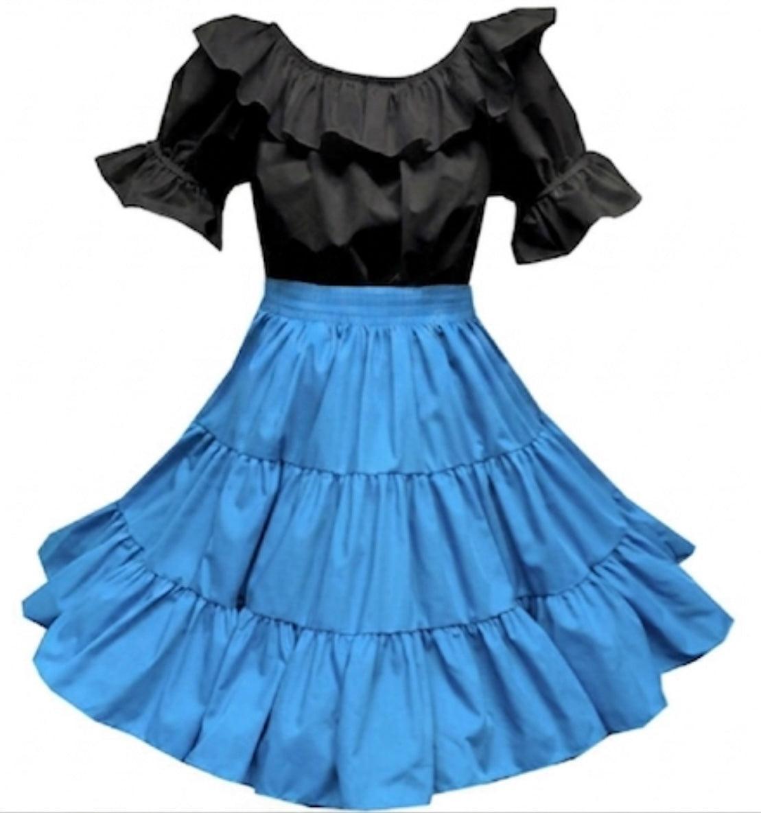 The Basic Square Dance Outfit w/Black Blouse by Square Up Fashions features a black off-shoulder ruffled top and a 3-tiered blue knee-length skirt—an elegant basic for any wardrobe.