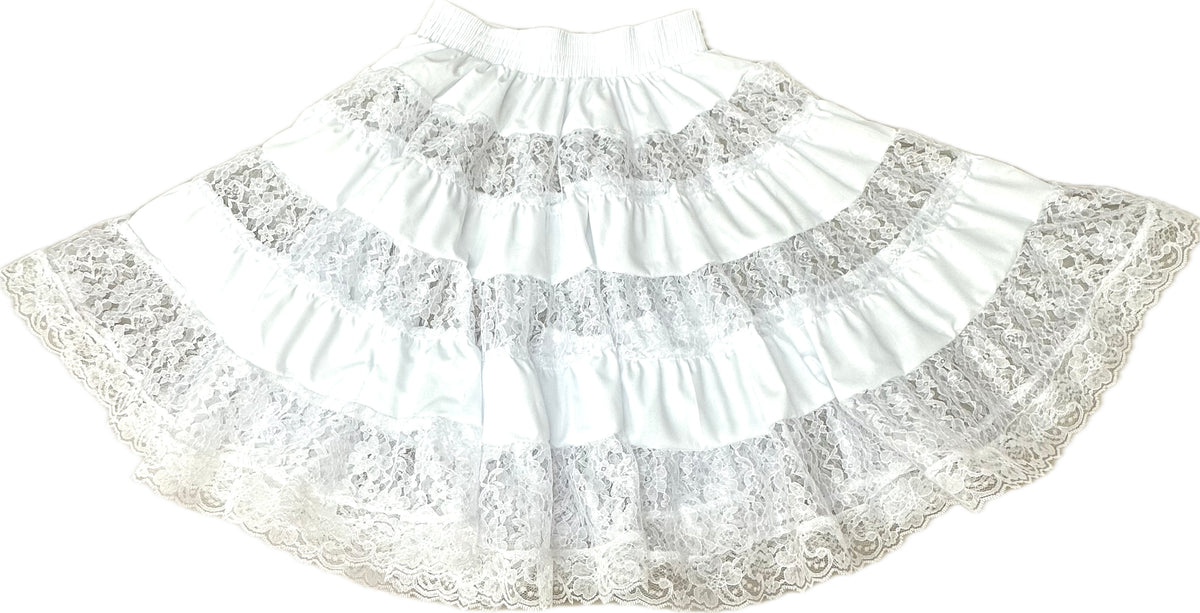 The Square Up Fashions Overall Lace Square Dance Skirt is a white, six-tiered skirt with see-through lace, layered ruffles, and a wide elastic waistband, displayed flat on a white background.