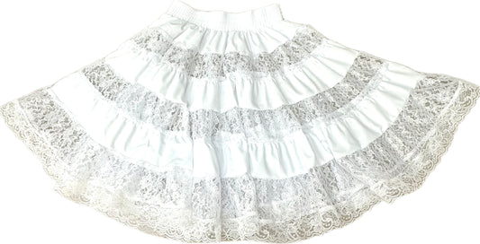 The Square Up Fashions Overall Lace Square Dance Skirt is a white, six-tiered skirt with see-through lace, layered ruffles, and a wide elastic waistband, displayed flat on a white background.