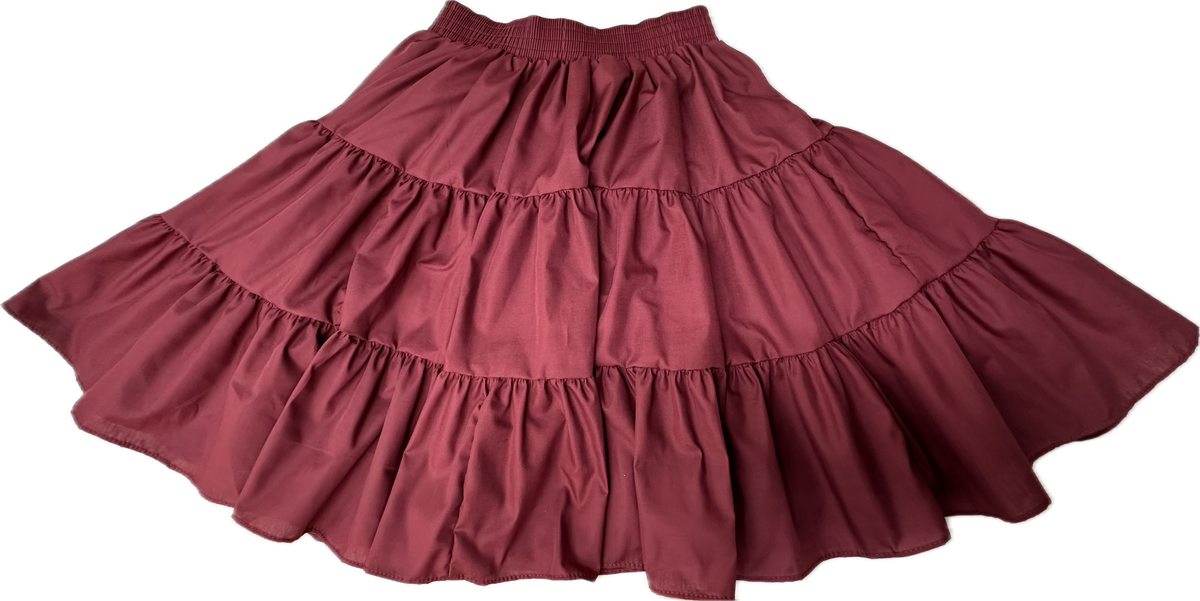 The Square Up Fashions Basic 3 Tier Square Dance Skirt features maroon ruffled layers, an elastic waistband, and a knee-length design—perfect for elevating your wardrobe, shown on a white background.