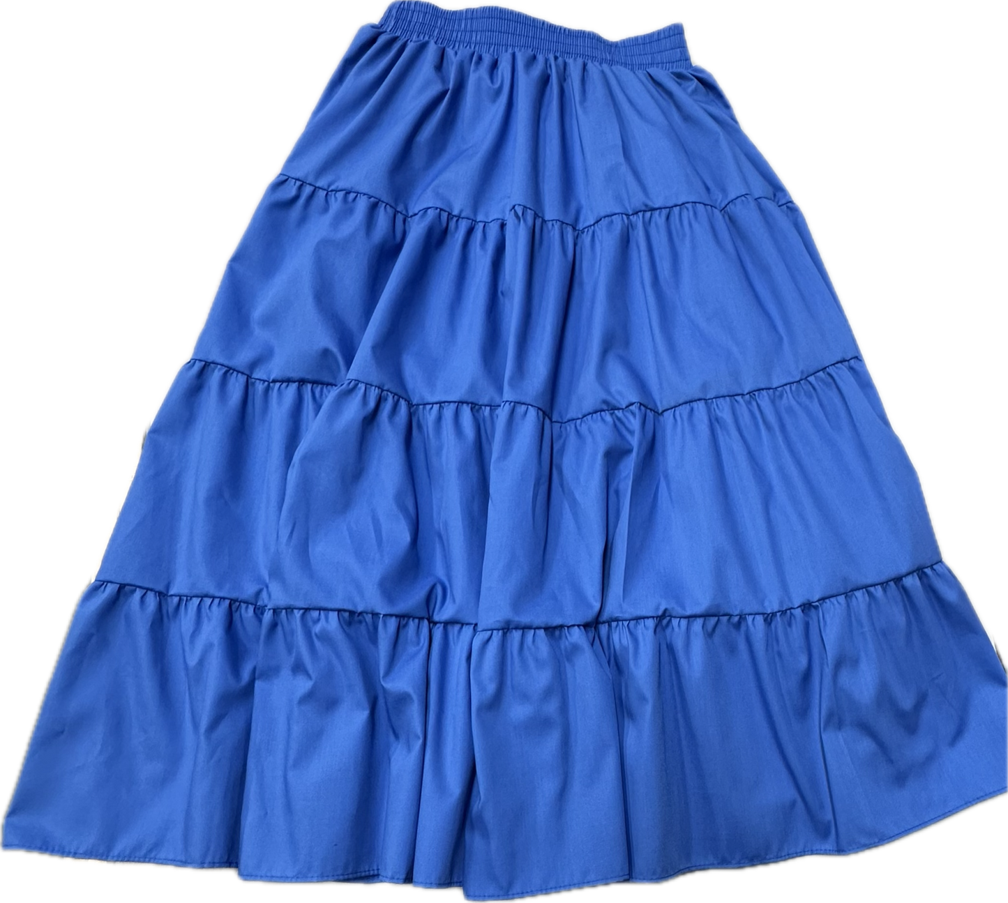 The Basic 4 Tier Prairie Skirt by Square Up Fashions is a blue, flared skirt with an elastic waistband and gathered layers. Custom sizing ensures a perfect fit for everyone.