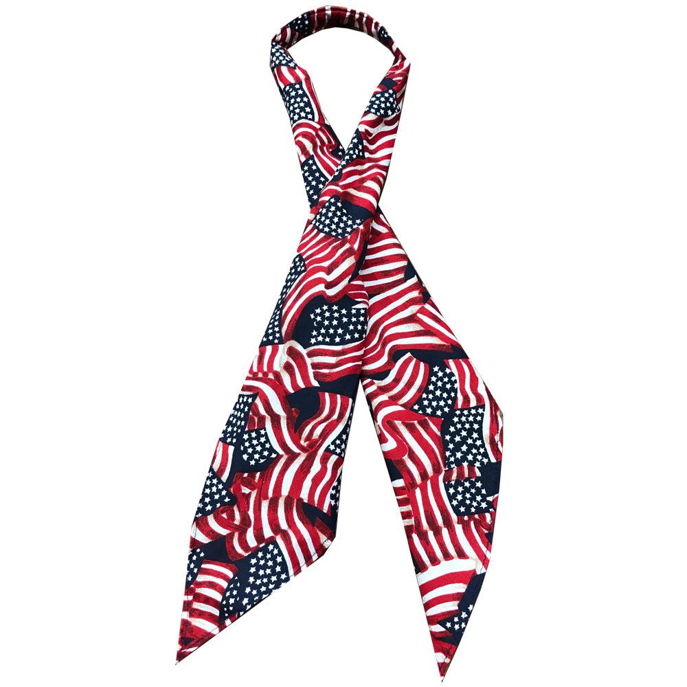 The Square Up Fashions Scarf Ties feature a bold overlapping American flag pattern in red, white, and blue—ideal for pairing with embroidered ties for a coordinated patriotic style.