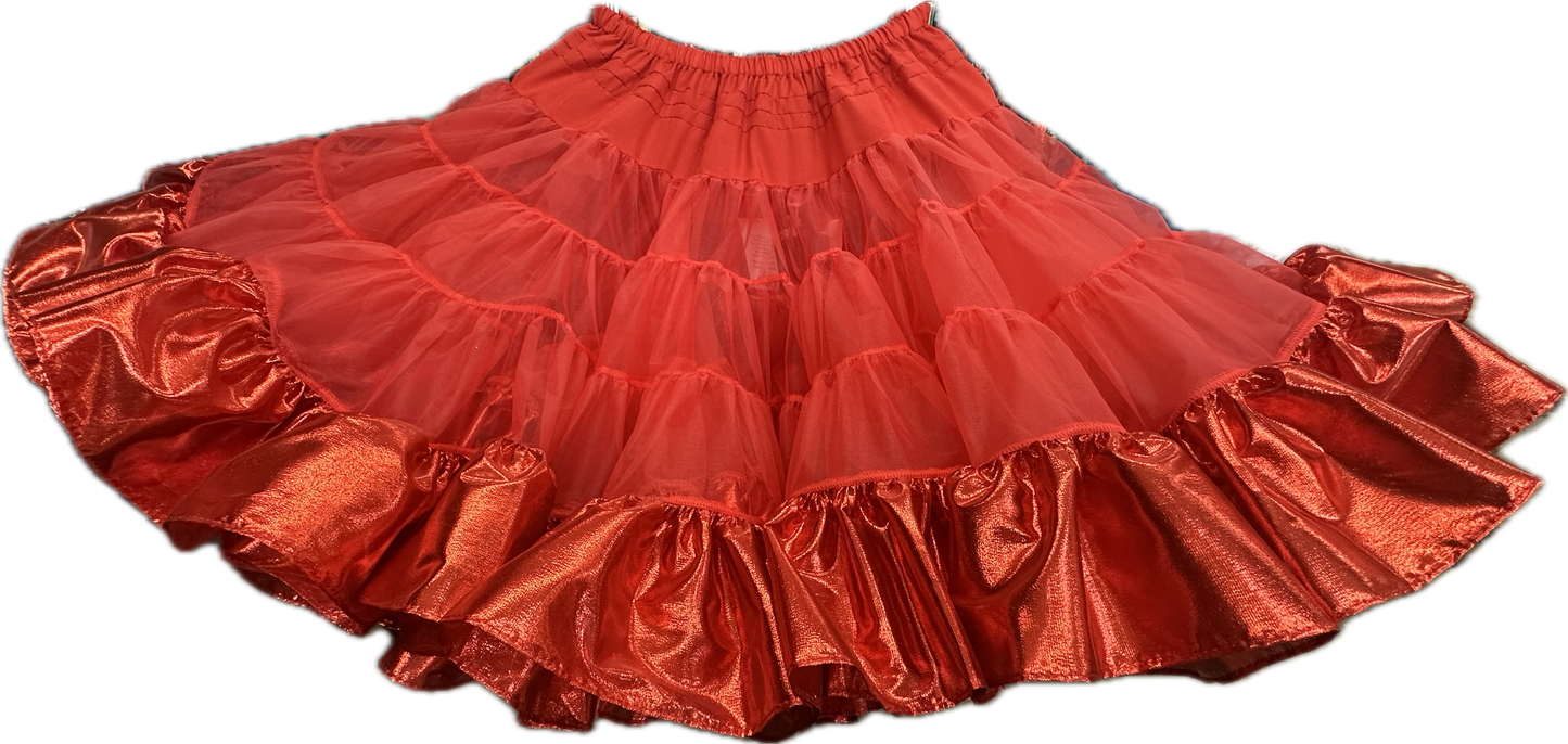 Add flair to your square dance outfit with the Combo Metallic Petticoat (60 yard) by Square Up Fashions, featuring red ruffled layers of tulle and shiny tissue lame trim for a striking custom look.