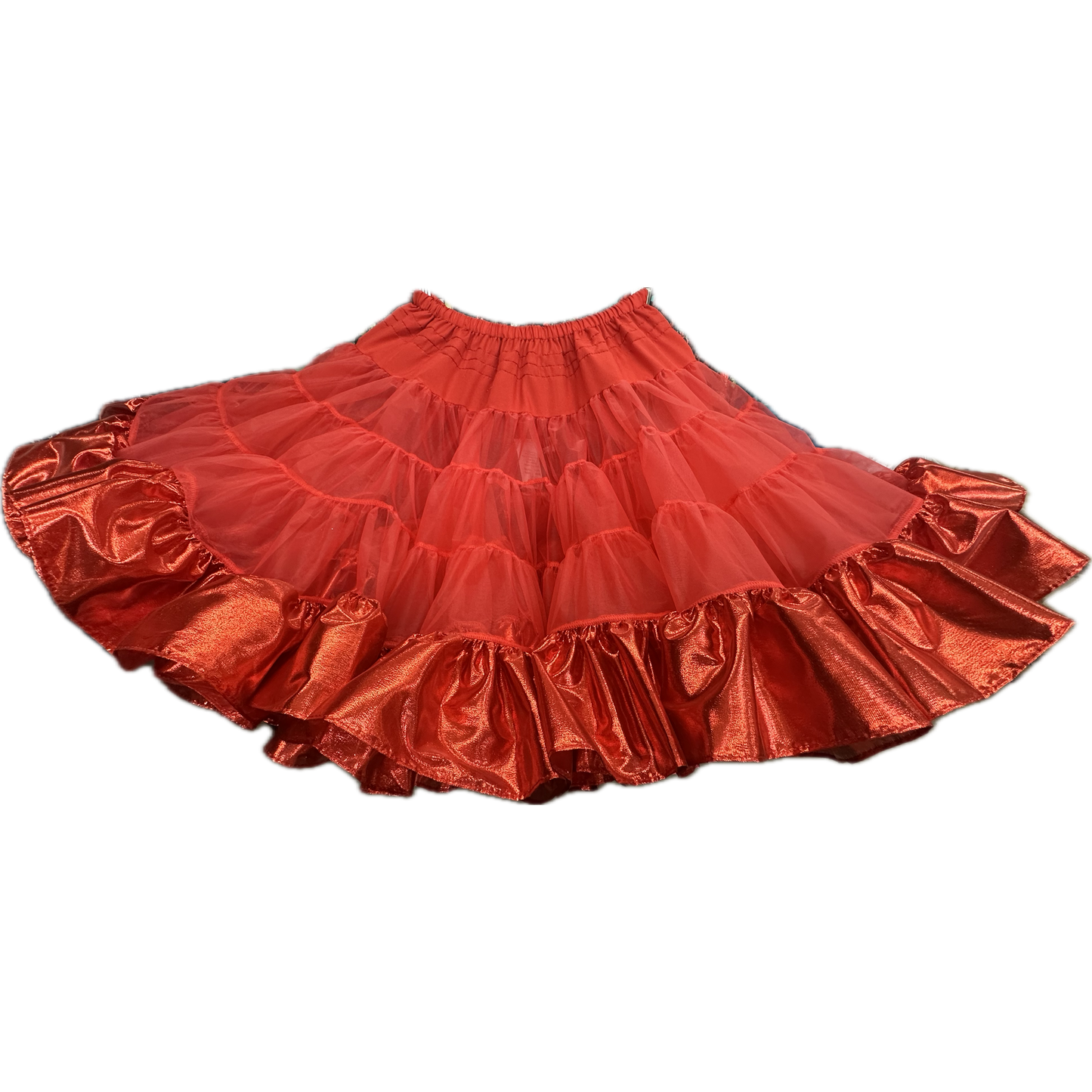 Add flair to your square dance outfit with the Combo Metallic Petticoat (60 yard) by Square Up Fashions, featuring red ruffled layers of tulle and shiny tissue lame trim for a striking custom look.