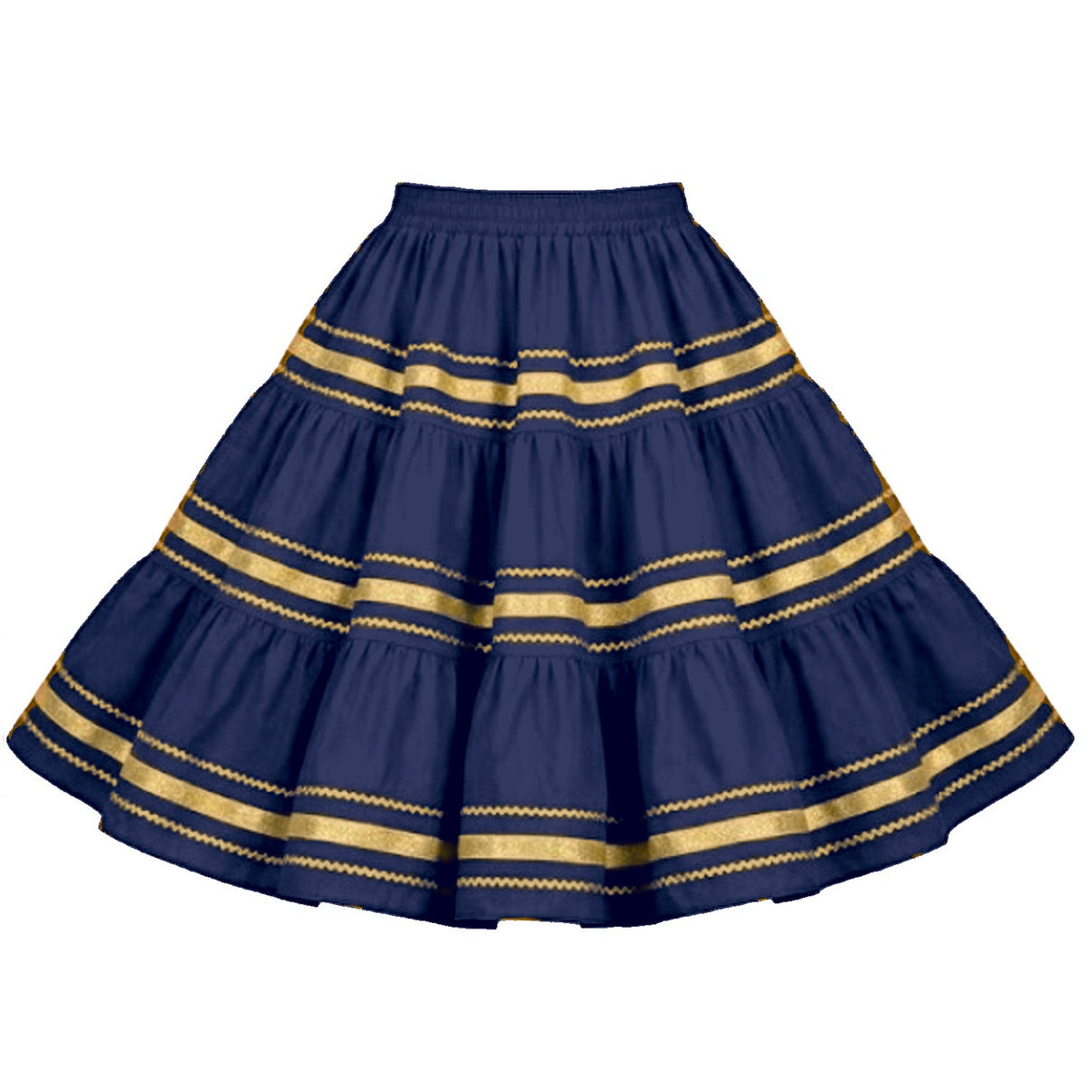 Metallic Square Dance Skirt in Navy Blue with Gold Trim