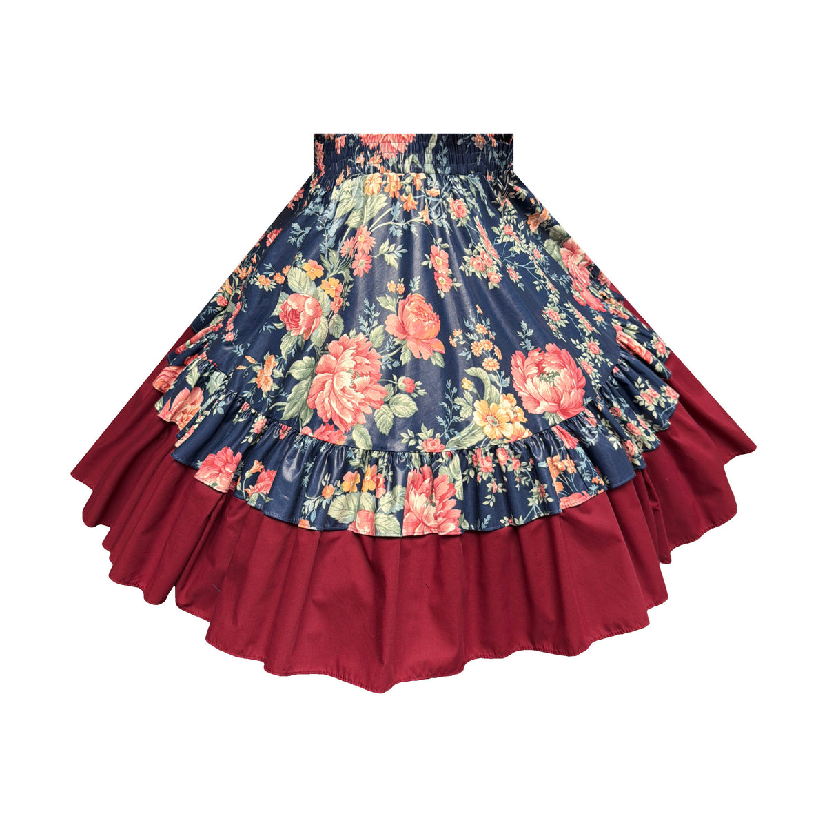 Large Navy Polished Cotton Circle Skirt with Pink Floral and Burgundy Ruffle