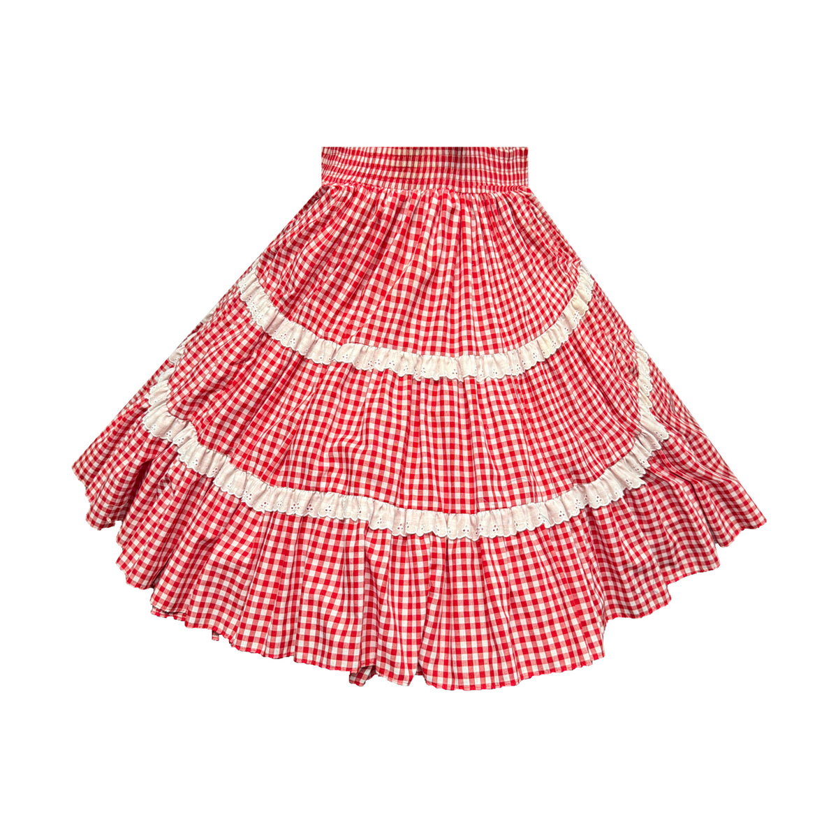 Large Red and White Gingham Skirt with White Eyelet Lace