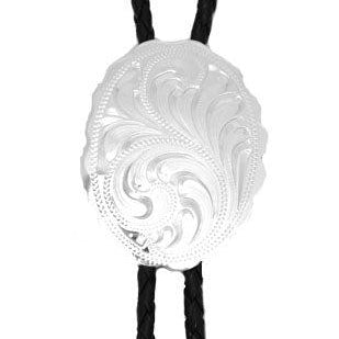 A Western Express silver engraved bolo tie with a black cord, made in USA.