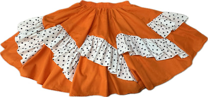 Diagonal Pinwheel Square Dance Skirt with vibrant white polka-dotted print ruffle accents from Square Up Fashions.