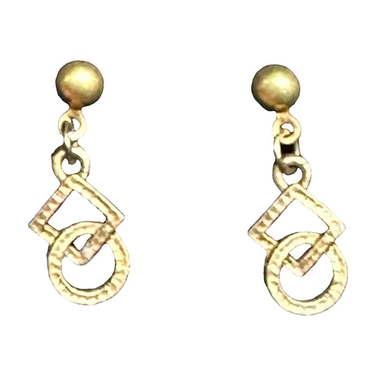 The Dangling Square and Round Dance Earrings by Square Up Fashions feature a gold stud, a hanging square, and a textured round charm linked together, shown against a black background.