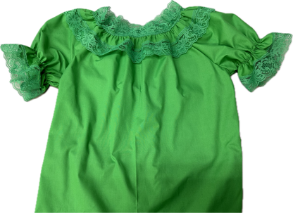 The Basic Laced Blouse by Square Up Fashions comes in a green design, featuring frilly lace details on the collar and elastic sleeves, and is available in custom sizes.