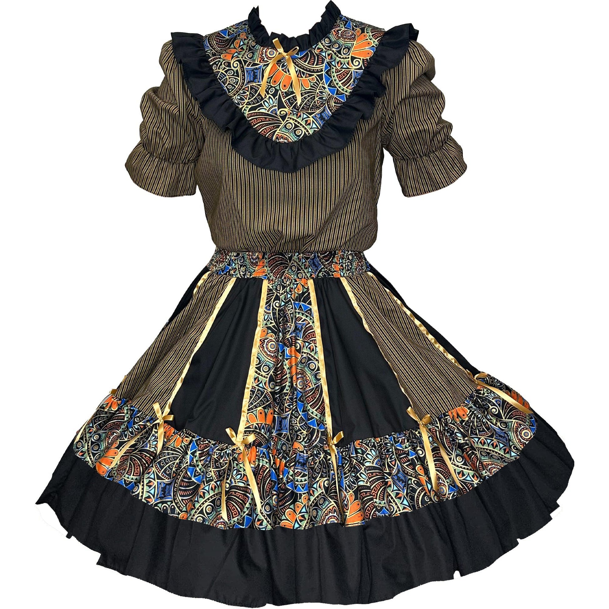 Introducing the Sophisticated Gold Stripe Outfit by Square Up Fashions: a vintage-inspired dress featuring puffed sleeves, a striped bodice, and a tiered Square Dance skirt adorned with a colorful, intricate pattern and ruffled trim, all beautifully accented with yellow bows.