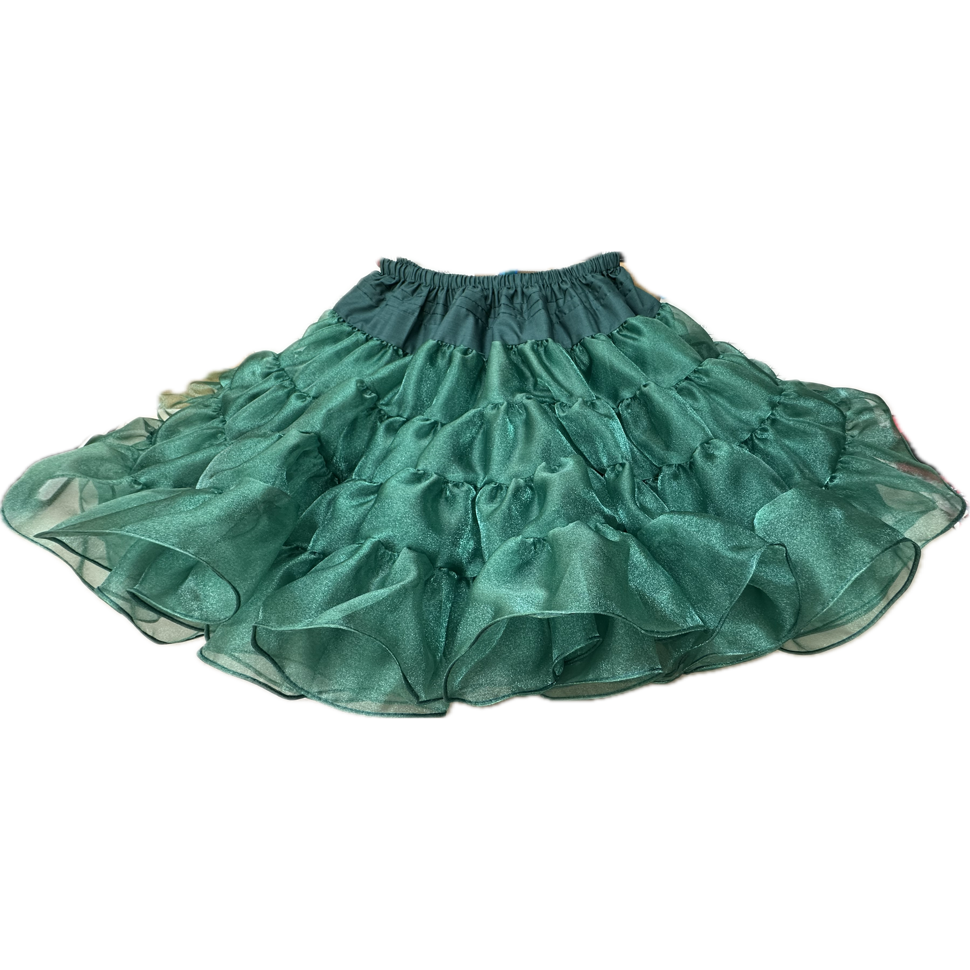 A teal flamenco skirt with ruffles and sparkle on a black background from Square Up Fashions featuring the Crystal Petticoat.