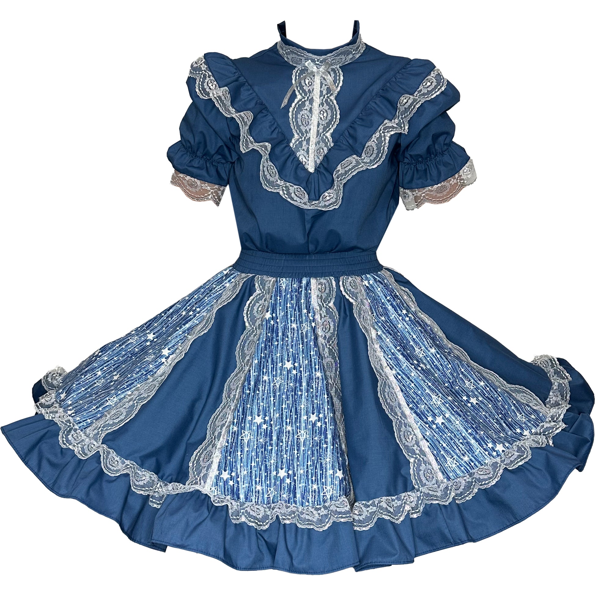 A Starry Night Fancy Outfit with silver/white lace and a circle skirt, made by Square Up Fashions.