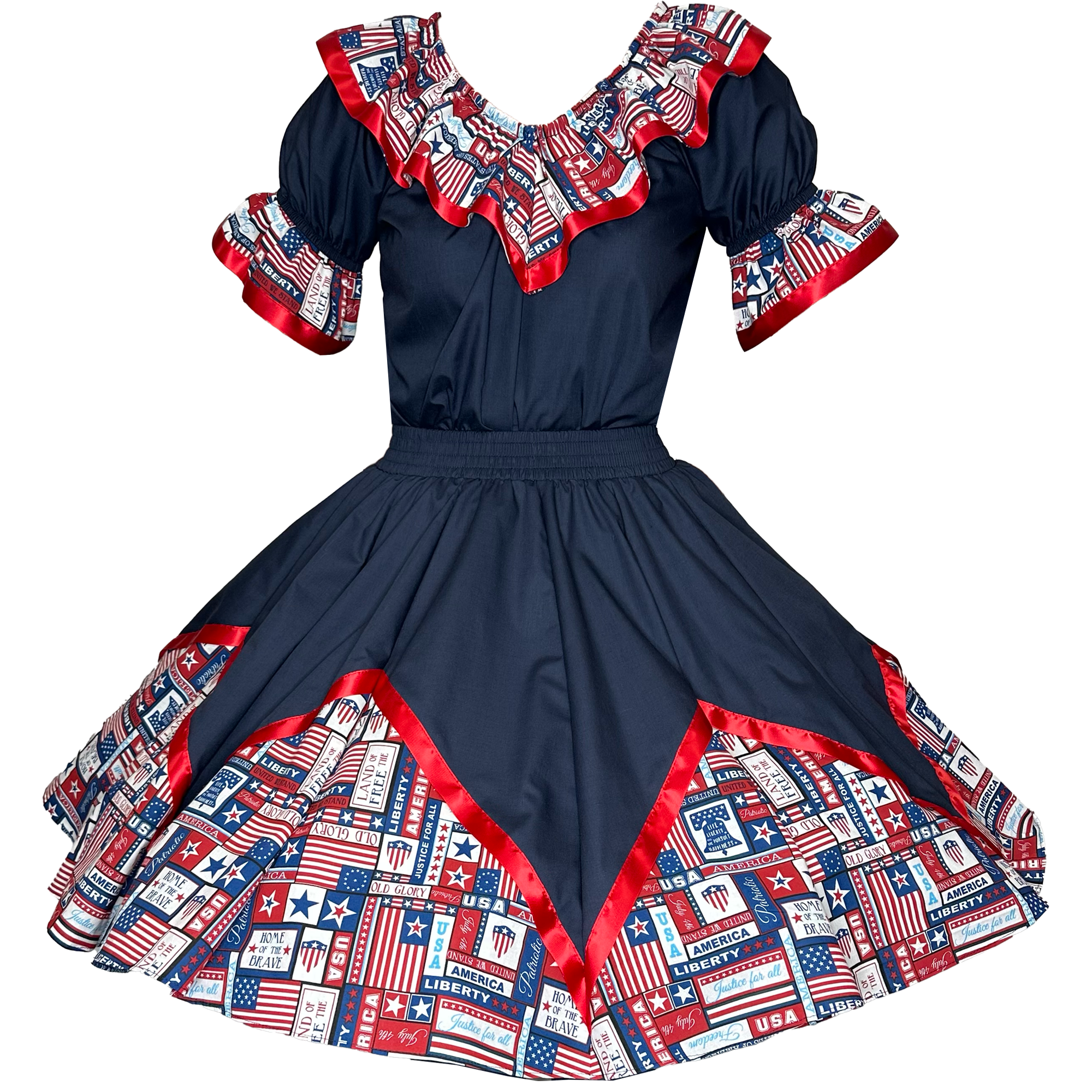 The Square Up Fashions July 4th Outfit is a navy blue dress with a patriotic print of red, white, and blue stars and stripes. The dress features a ruffled neckline, puffed sleeves with ruffle trims, and a flared 12-gore skirt with a triangular patterned hem.