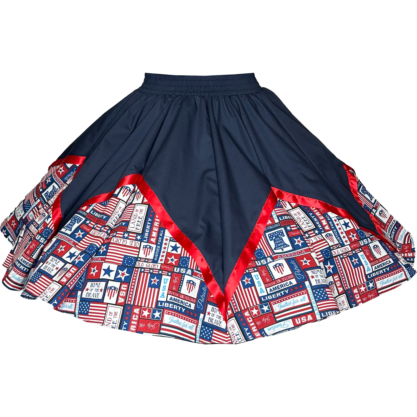 A dark blue 12-gore skirt with a red trim and triangular panels featuring various American-themed prints, including stars, stripes, and phrases like "USA" and "Liberty," makes the July 4th Square Dance Skirt by Square Up Fashions an iconic American pride outfit.