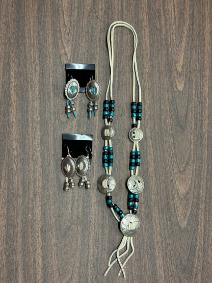 A matching set of Square Up Fashions' Concho Necklace and earrings adorned with turquoise beads.