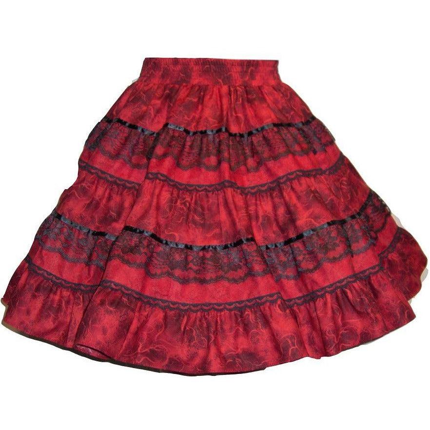 The "Tone on Tone Square Dance Skirt" by Square Up Fashions is a red, five-tiered skirt with black lace accents, ideal for any woman’s wardrobe and shown flat against a white background.