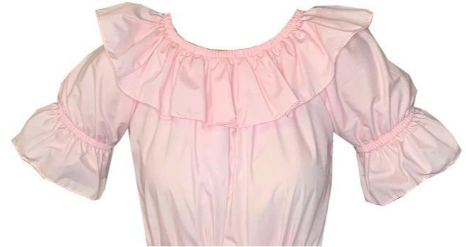 This blouse from Square Up Fashions' Poodle Skirt Outfit collection showcases a charming vintage style with its pink color, off-shoulder design, and ruffled neckline and sleeves.