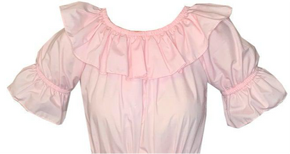 This blouse from Square Up Fashions' Poodle Skirt Outfit collection showcases a charming vintage style with its pink color, off-shoulder design, and ruffled neckline and sleeves.