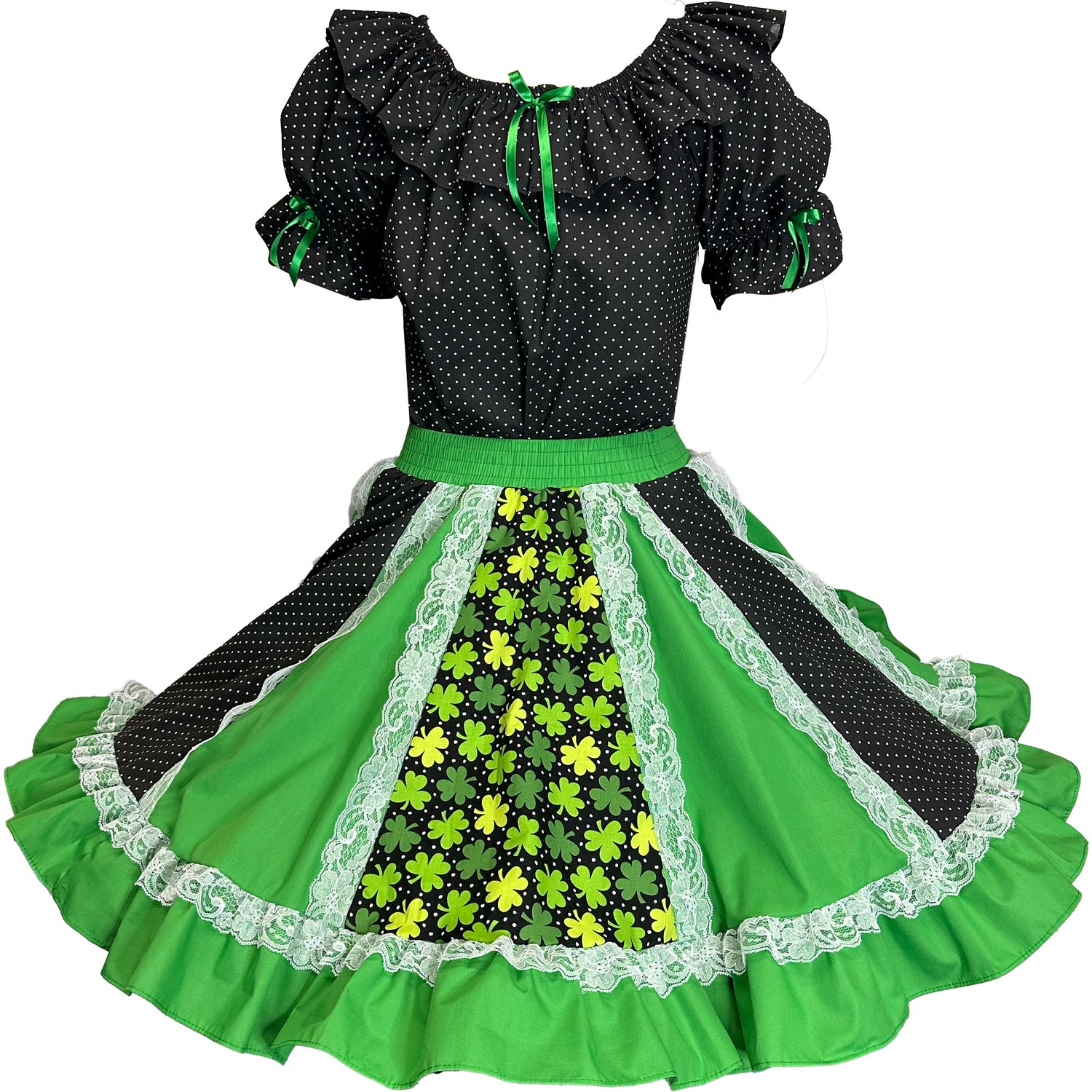 The Lucky Charm Square Dance Outfit by Square Up Fashions features black and green hues, ruffled sleeves, a polka dot bodice, floral skirt panels, lace trim, and a kelly green waistband—perfect for St. Patrick's Day!.