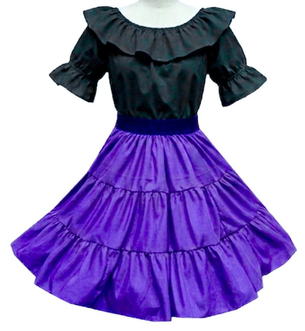 A mannequin wears the Square Up Fashions Basic Square Dance Outfit w/Black Blouse, featuring a ruffled black blouse and a 3-tiered purple skirt—perfect for any basic wardrobe.