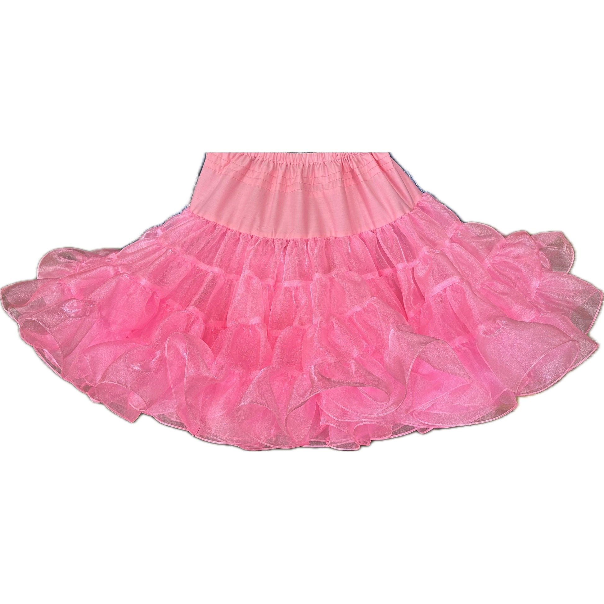 A pink ruffled Crystal Petticoat with layered tulle fabric and an elastic waistband by Square Up Fashions.