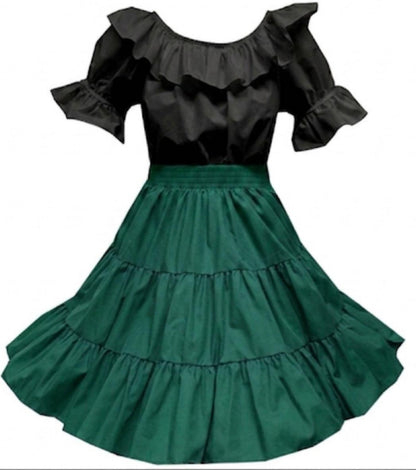 The Basic Square Dance Outfit w/Black Blouse by Square Up Fashions pairs a ruffled off-shoulder black top with a high-waisted, dark green 3-tiered skirt—an elegant staple for your wardrobe.