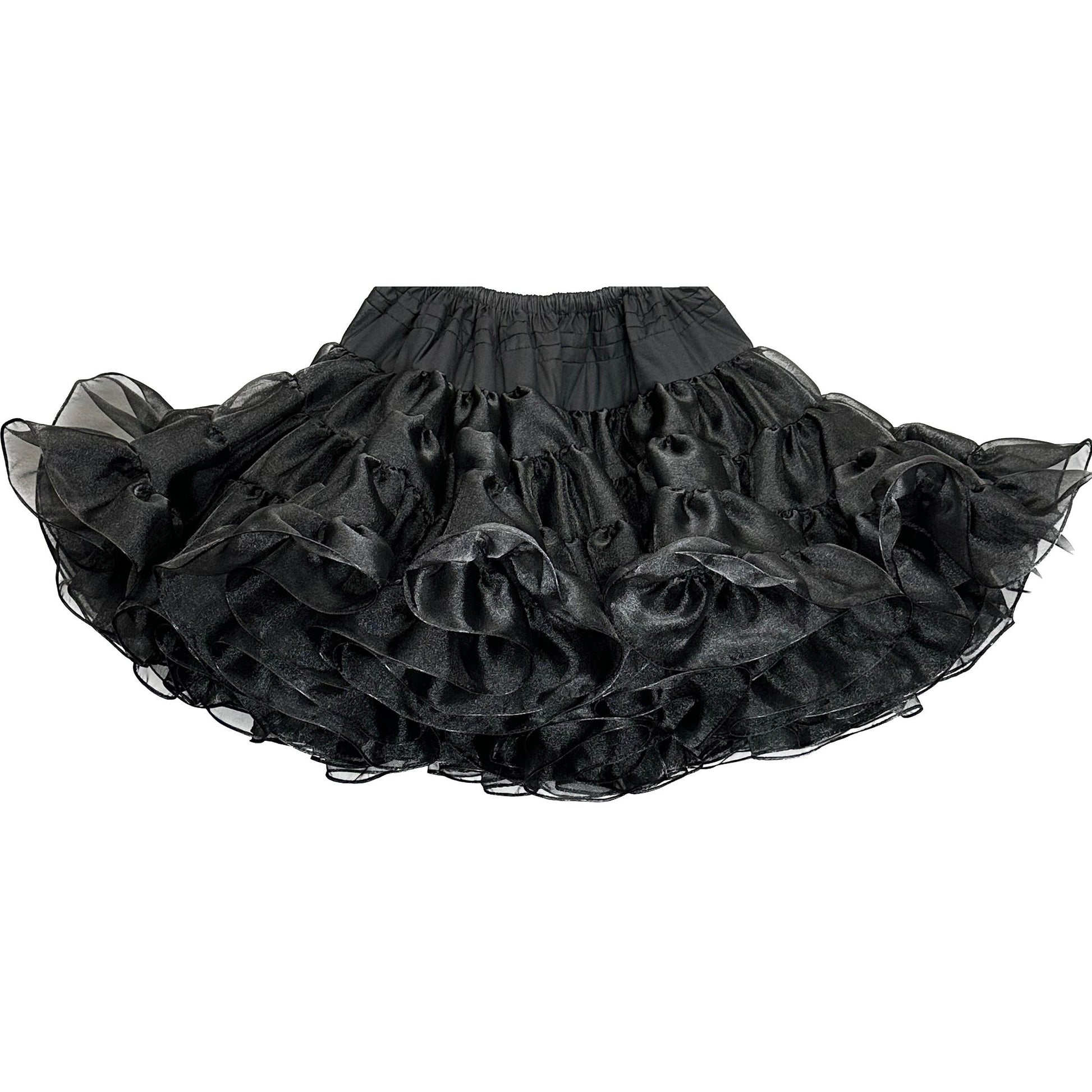 A black ruffled Crystal Petticoat on a white background made with Square Up Fashions fabric.