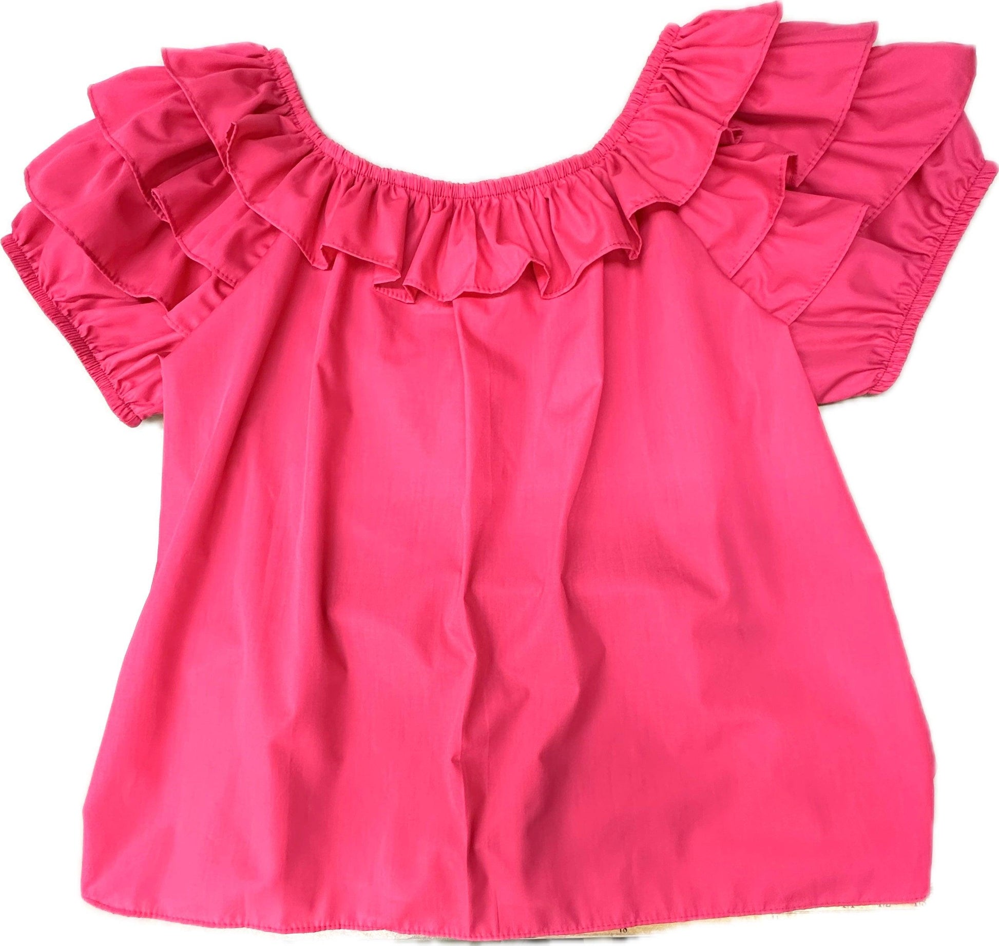 The Square Up Fashions Triple Ruffle Blouse is a bright pink peasant top with short sleeves and ruffled detailing at the neck and shoulders, shown on a white background.