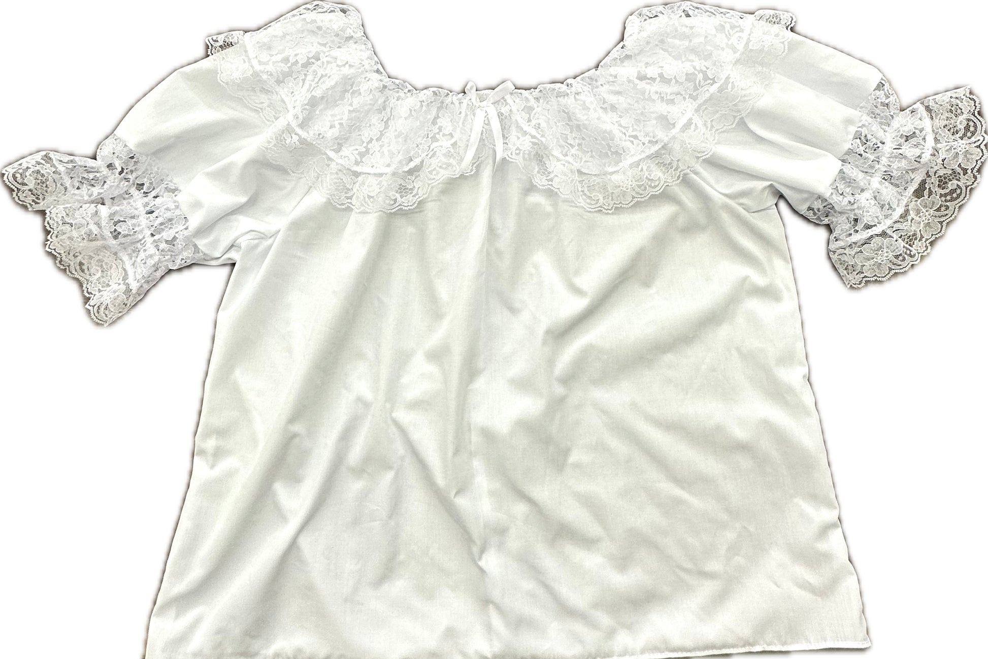 The Overall Lace Collar Blouse by Square Up Fashions is a white short-sleeve poly-cotton top, featuring delicate lace trim at the neckline and sleeves, shown laid flat on a white background.