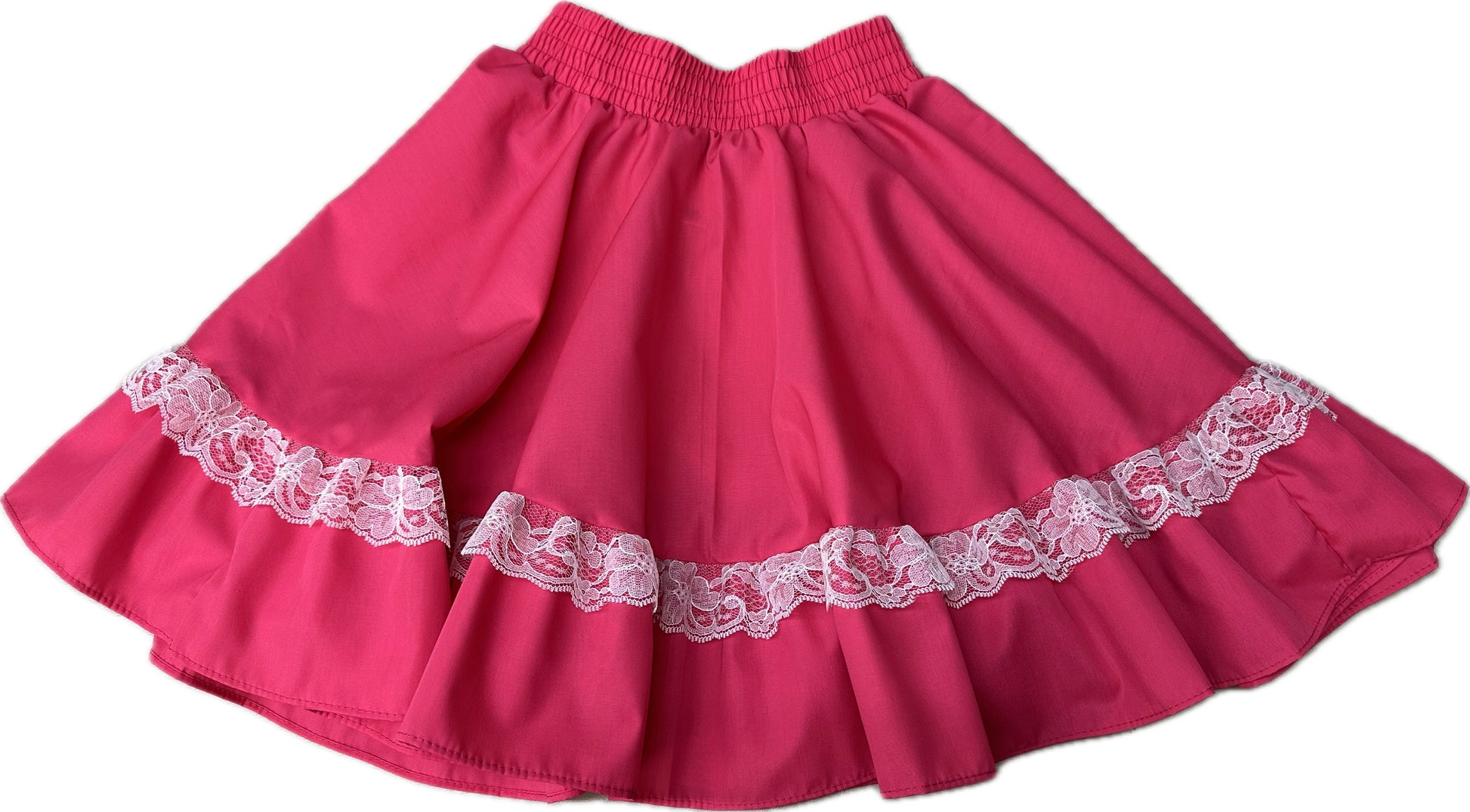 Pink Childrens Circle Skirt with lace trim by Square Up Fashions on a white background.