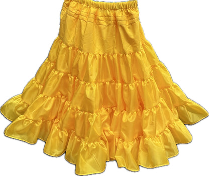 The Square Up Fashions Soft Poly-Liner Petticoat is a bright yellow, multi-layered ruffled skirt with an elastic waistband, perfect for square dancing and shown laid flat on a white background.