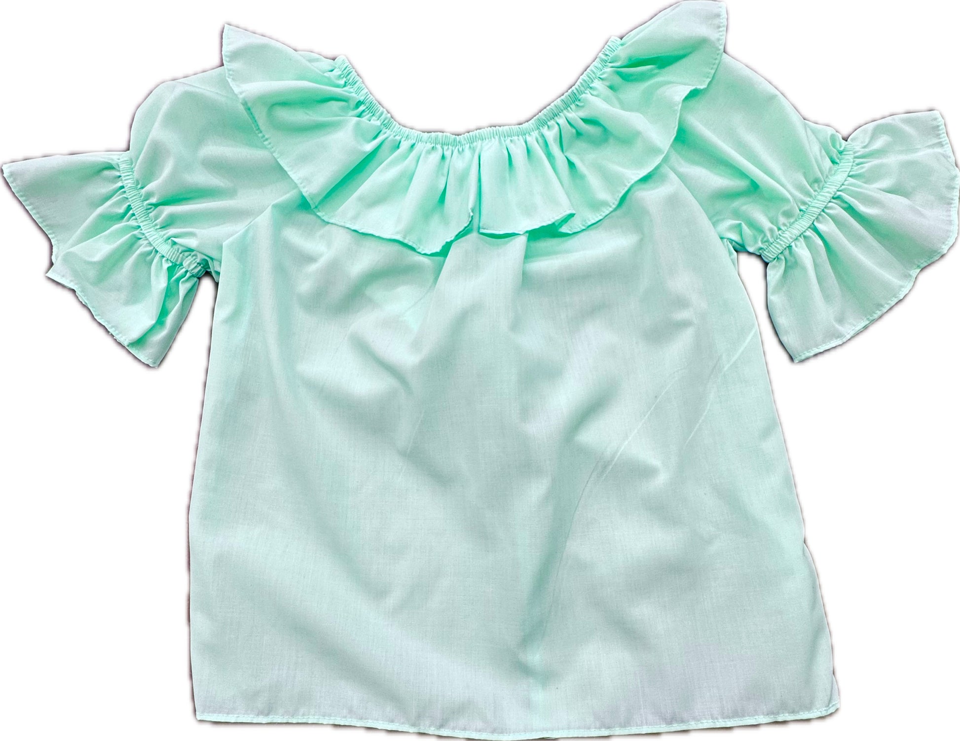 The Square Up Fashions Scoop Neck Blouse features a light green color, wide ruffled neckline, split ruffle collar, and short ruffled sleeves, shown laid flat on a white background.