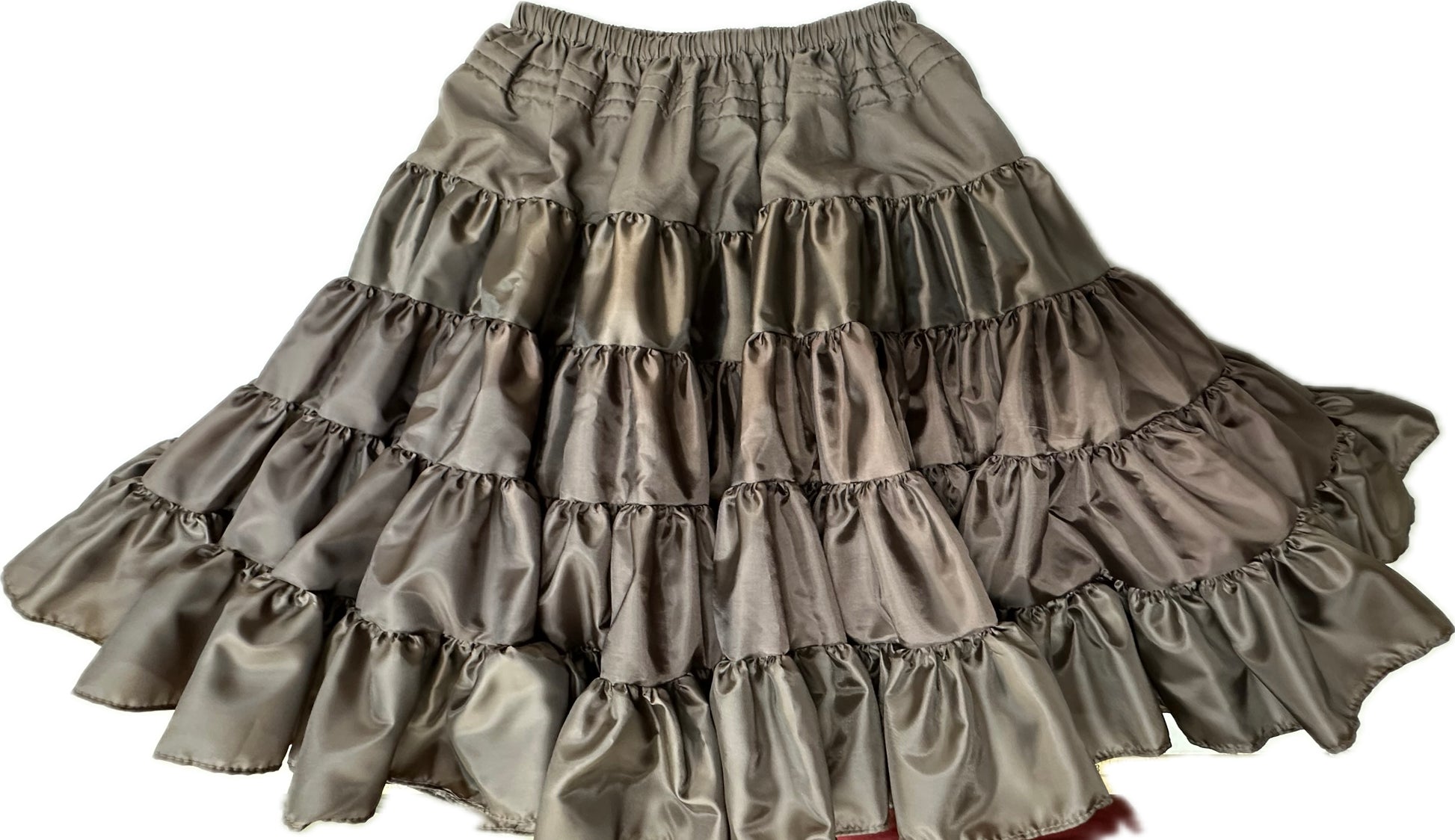 The Soft Poly-Liner Petticoat by Square Up Fashions, a multi-tiered ruffled skirt in brown and taupe, ideal for square dancing, is shown against a white background.