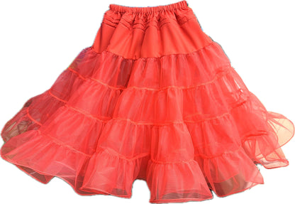 The Square Up Fashions Organdy Stiff Petticoat is a coral pink, double-layered tiered tulle petticoat with an elastic waistband, designed to add volume under skirts or dresses.