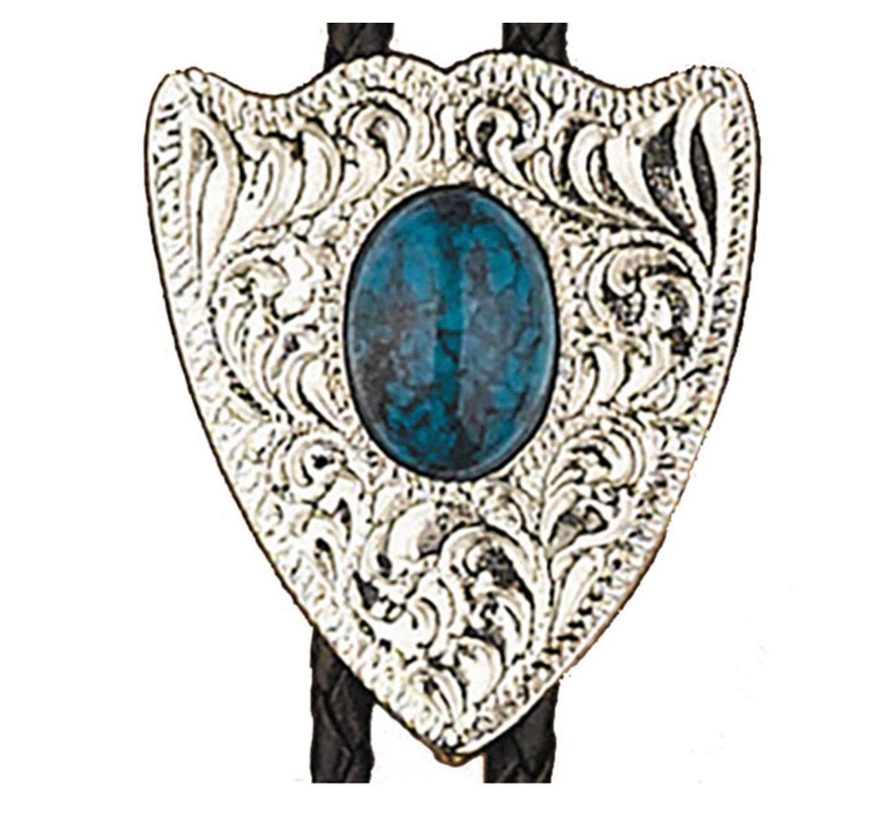 Close-up of a silver-plated Arrowhead Bolo Tie with Turquoise Stone clasp by Western Express with ornate engravings and an oval turquoise stone in the center, attached to a black braided cord. Made in USA, the clasp measures 1.5 in x 1.75 in.