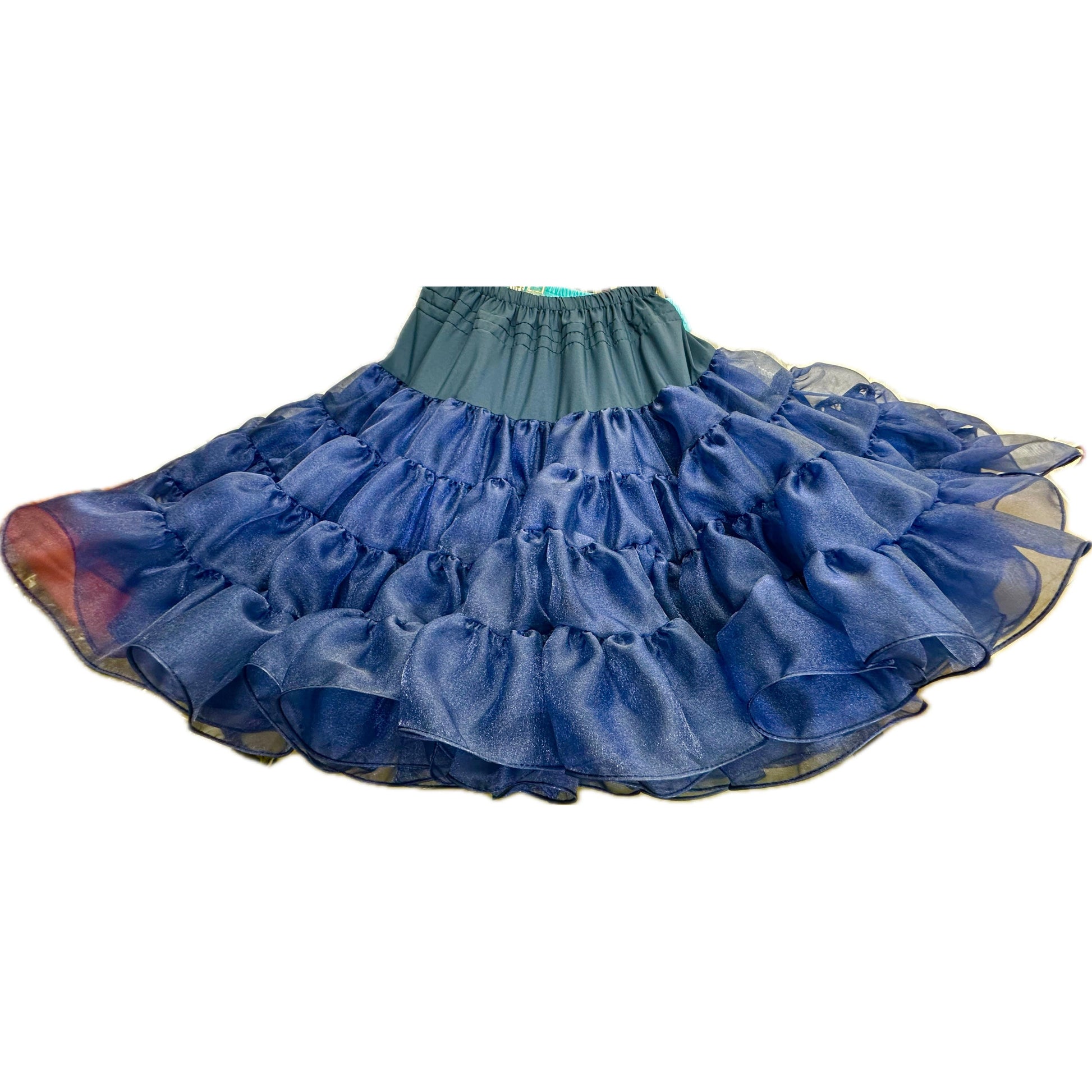 The Square Up Fashions Crystal Petticoat is a navy blue, multi-layered ruffled skirt with a high elastic waistband, shown on a white background.