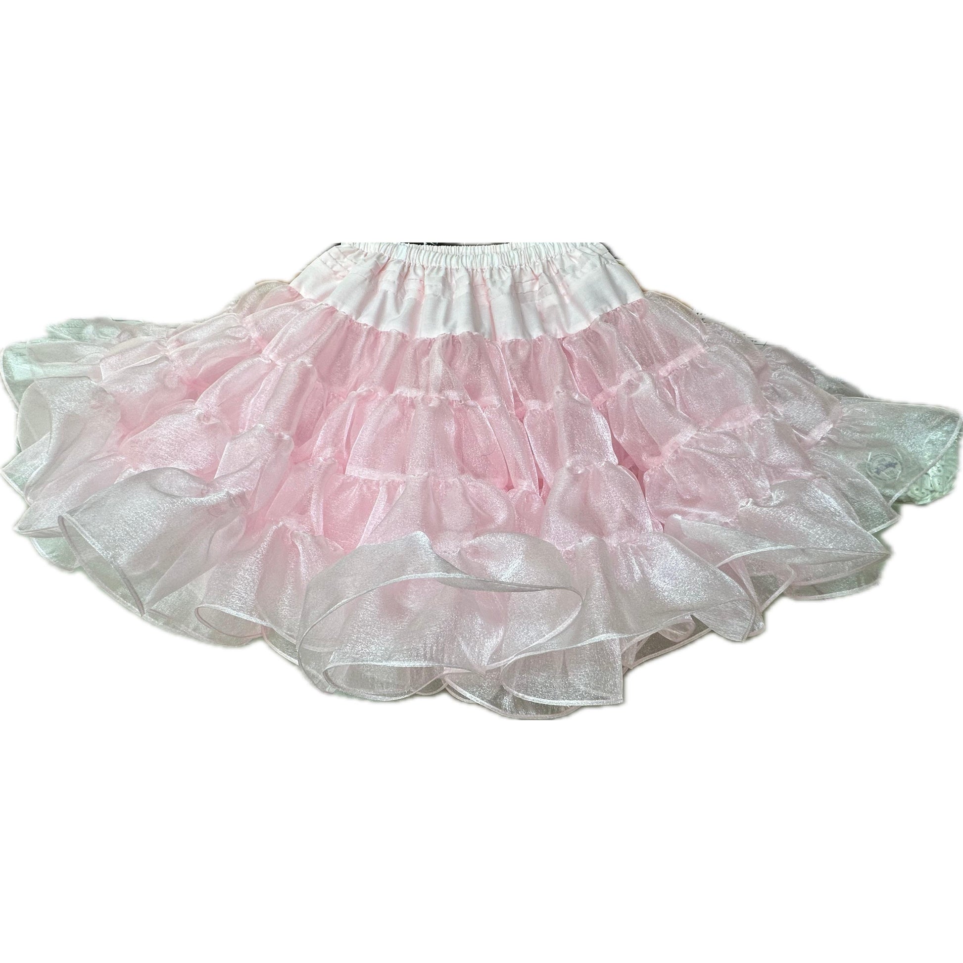 The Square Up Fashions Crystal Petticoat features pink, ruffled crystal fabric with a sheer, shimmery finish and an elastic waistband, shown against a white background.