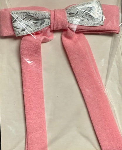 Discover the southern bow tie charm with the Colonel Ties by Square Up Fashions, featuring a pink fleece bow adorned with silver leaf-patterned ribbon detail, elegantly packaged in clear plastic.