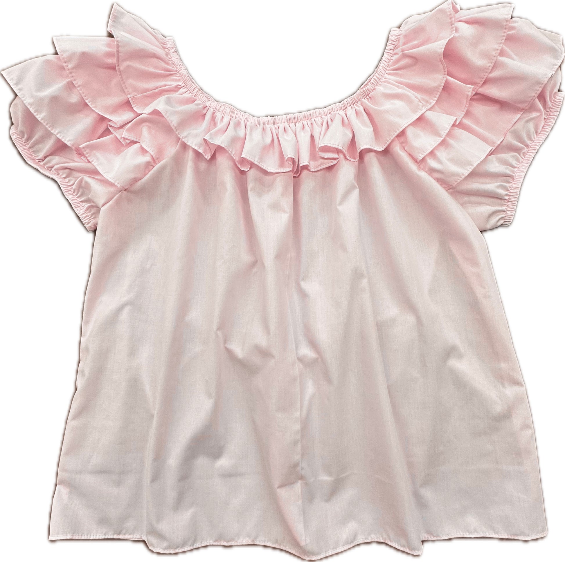 Square Up Fashions’ Triple Ruffle Blouse in light pink features a ruffled neck and short sleeves, shown flat on a white background.