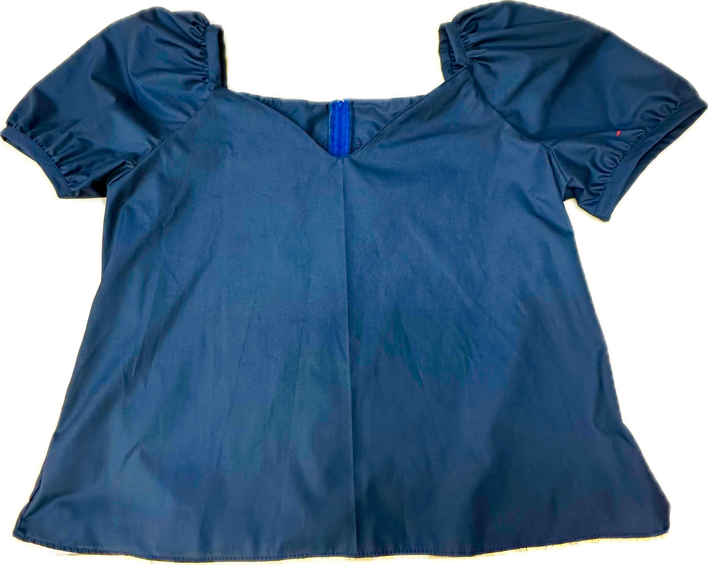 The Square Up Fashions Sweetheart Neck Blouse features half sleeves, puffed shoulders, and a slight V-neck in dark blue, shown flat on a white background.