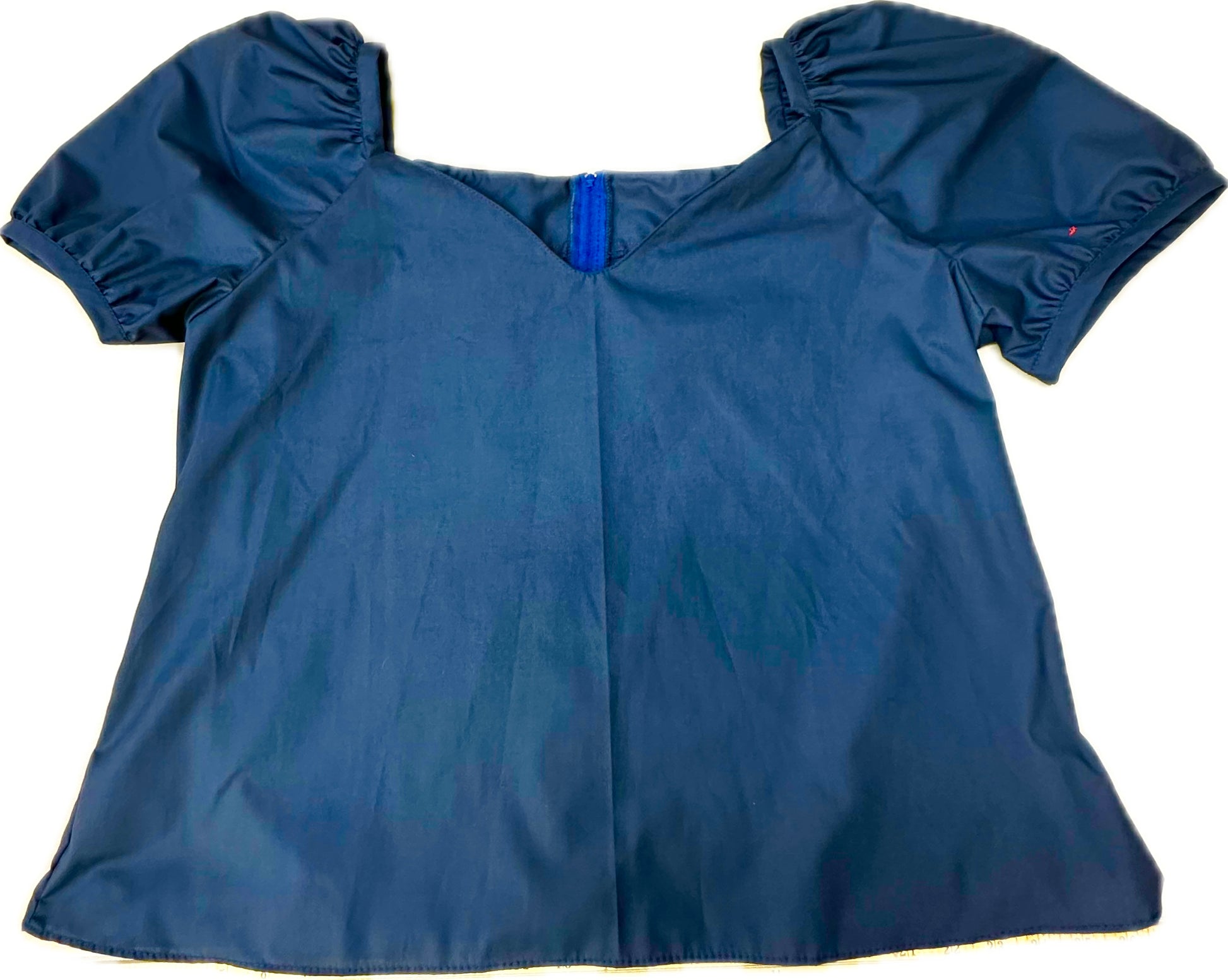 The Square Up Fashions Sweetheart Neck Blouse features half sleeves, puffed shoulders, and a slight V-neck in dark blue, shown flat on a white background.