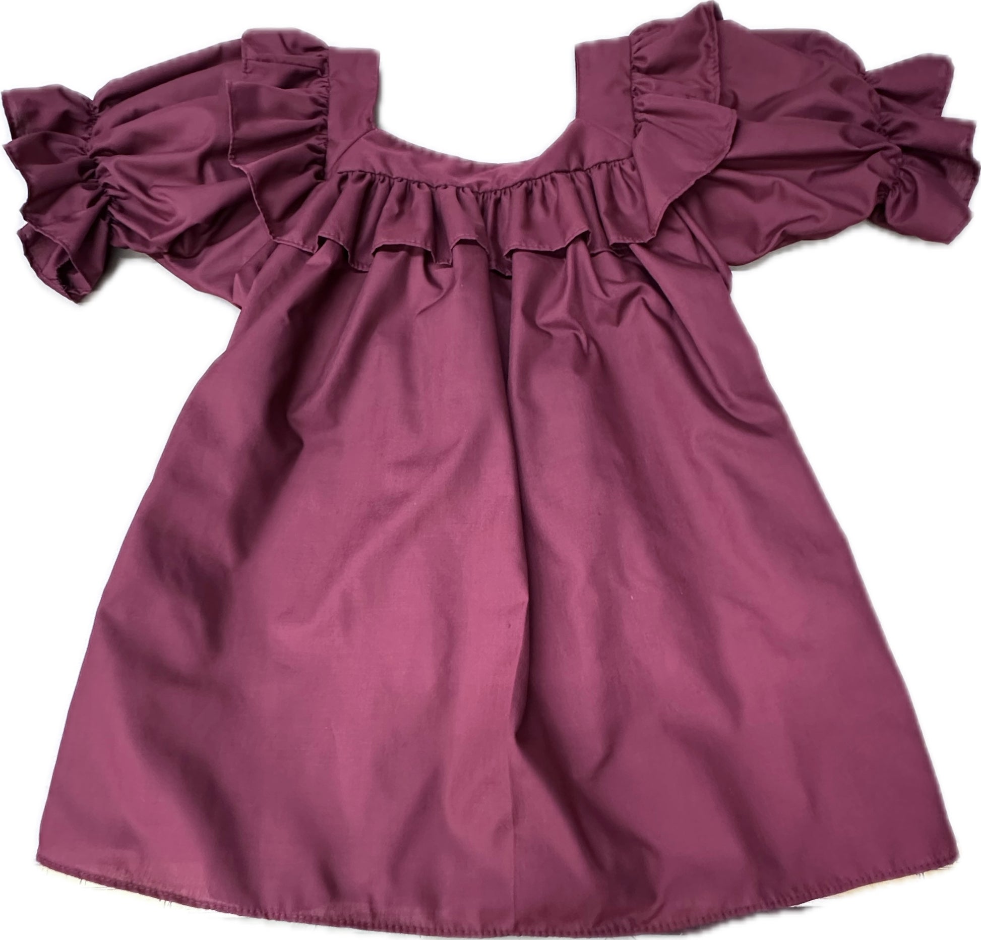The Square Neck Blouse by Square Up Fashions features short sleeves, ruffled knee-length design, a charming square neckline, and gathered detailing on the sleeves and chest.