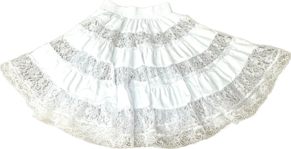 The Square Up Fashions Overall Lace Square Dance Skirt is a white, six-tiered skirt with see-through lace, layered ruffles, and a wide elastic waistband, displayed flat on a white background.