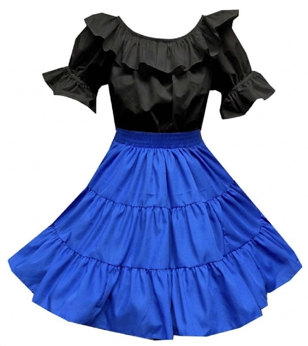 The Basic Square Dance Outfit w/Black Blouse by Square Up Fashions includes a black ruffled scoop neck blouse with short sleeves and a bright blue, 3-tiered knee-length skirt—perfect as a versatile wardrobe staple.